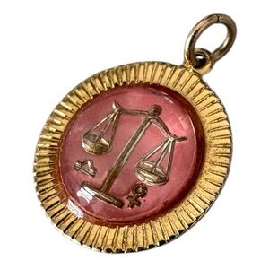 Vintage Libra Zodiac Scales Pendant - Gold Tone Resin Astrology Charm